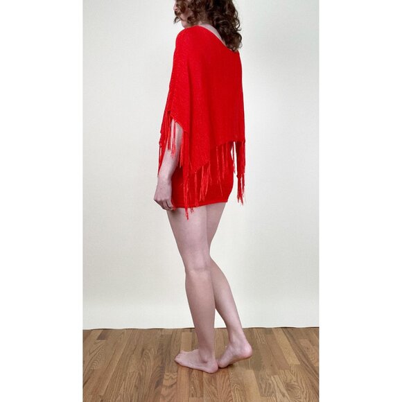 Vintage Knit Fringe Micro Mini Dress Tunic Top Poncho Swim Cover Up Boho 90s Y2K - Picture 3 of 7